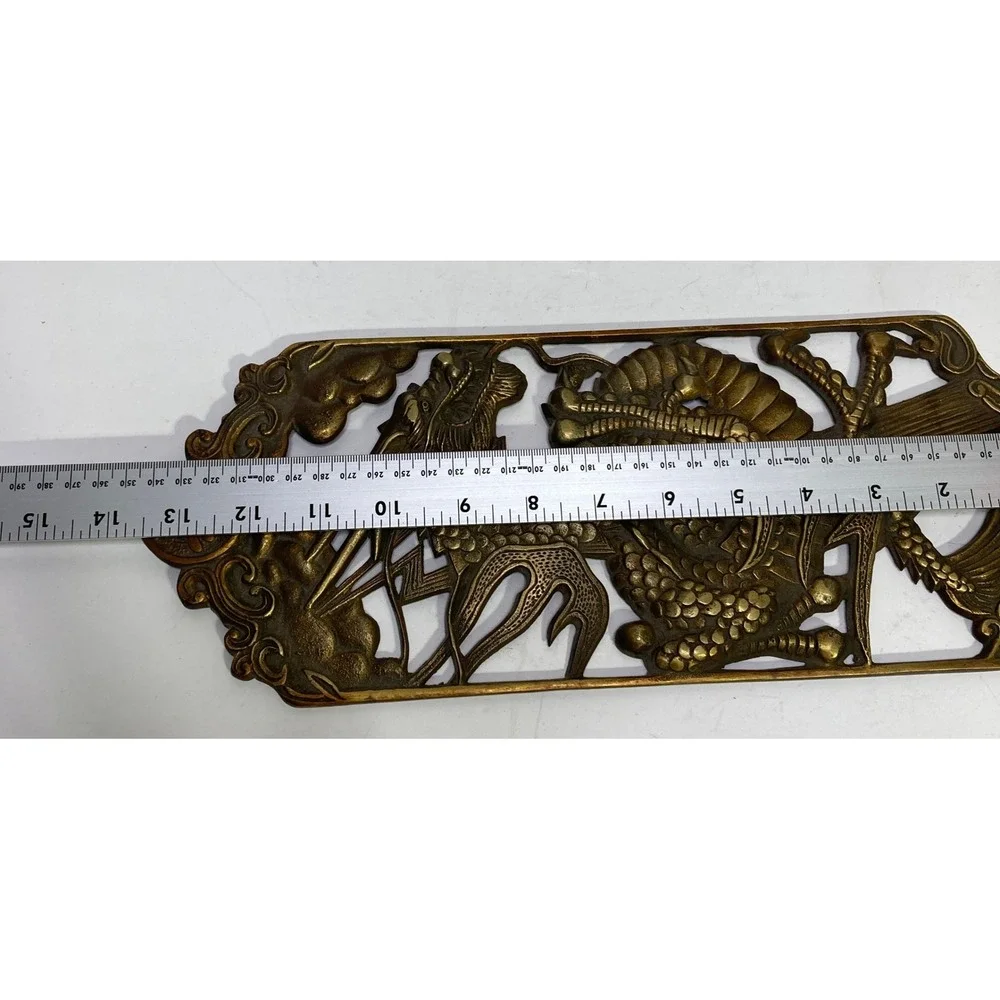 Vintage Chinese Brass Dragon Wall Plaque Openwork Longevity Symbol 13.75‎ Inch